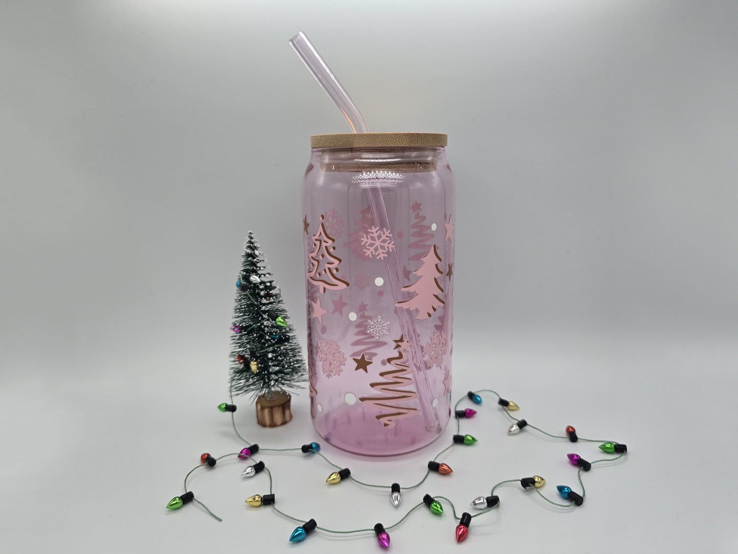 16 oz Christmas Pink Colored Glass Can Cup