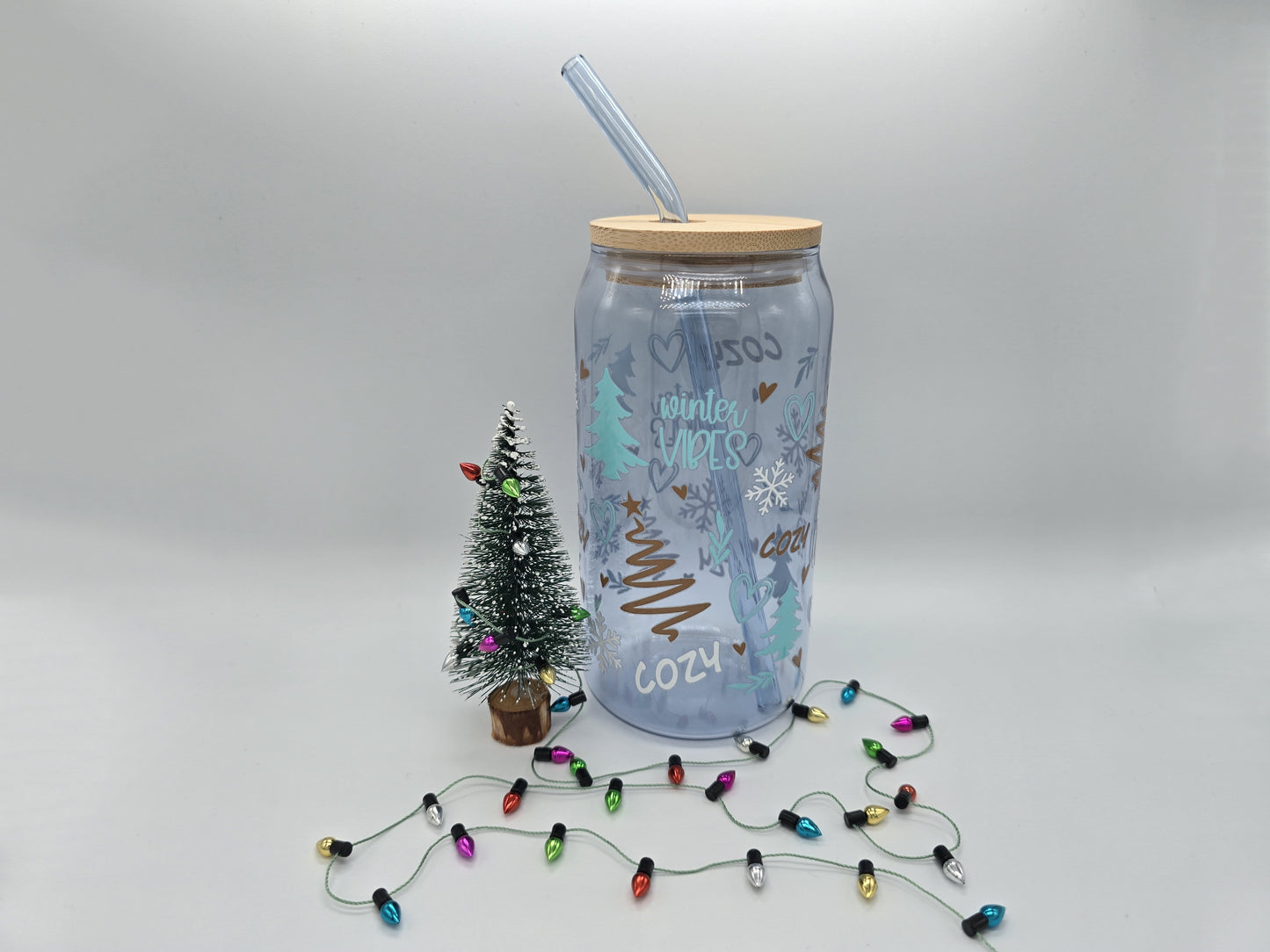 16 oz Christmas Blue Colored Glass Can Cup