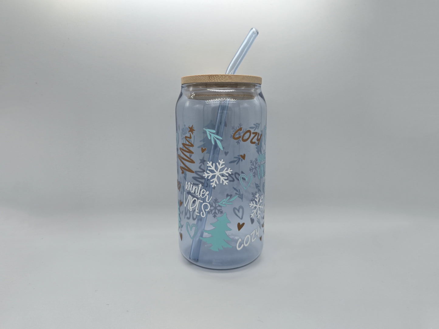 16 oz Christmas Blue Colored Glass Can Cup