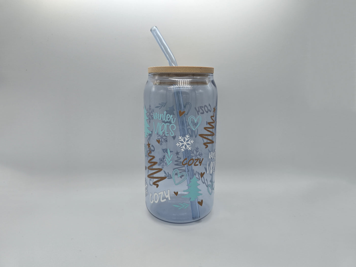 16 oz Christmas Blue Colored Glass Can Cup